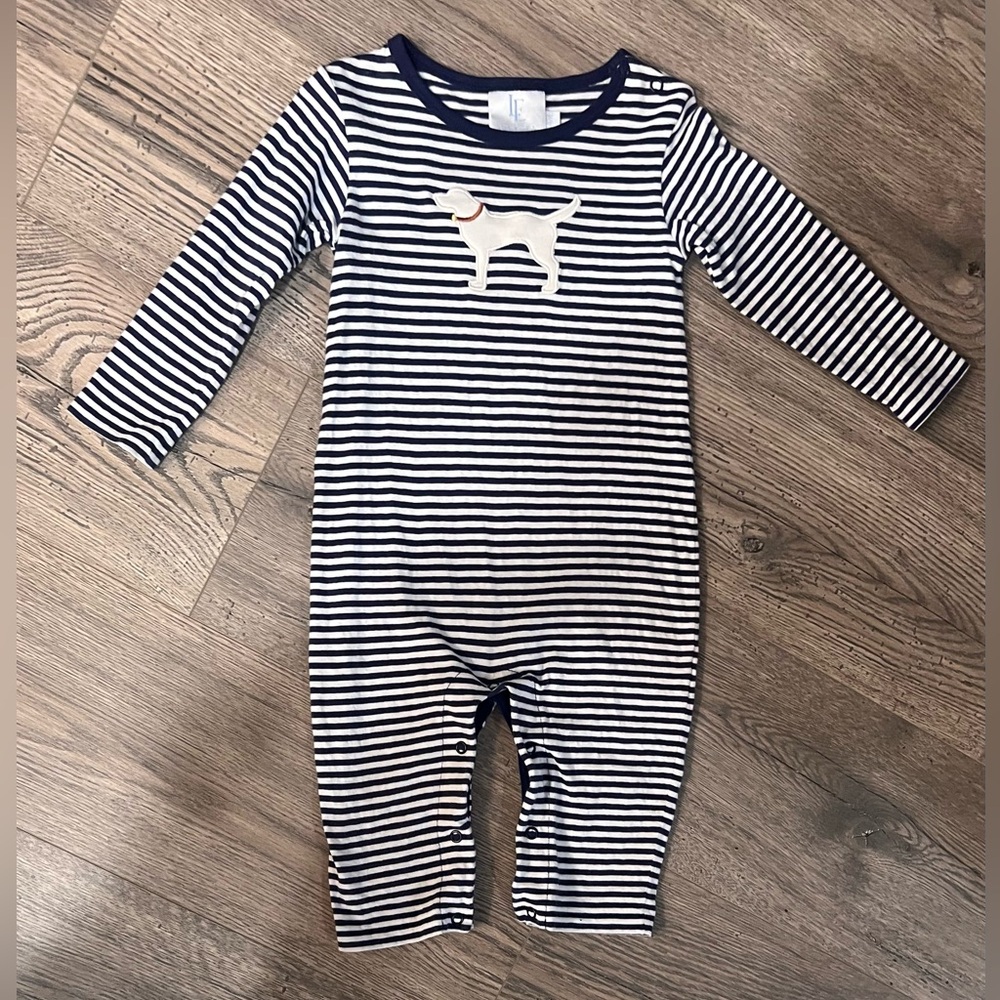 Little English Boys 18 Months Navy White Striped Dog Lab One Piece Romper Outfit